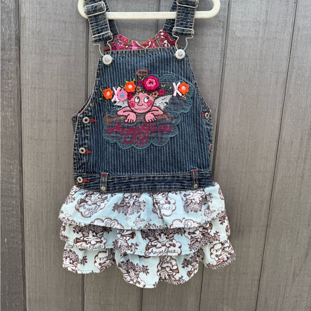Oilily Blue Denim Floral Embroidered Ruffle Overalls